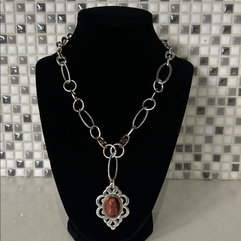 Brighton Silver and Gold Chain Necklace with Brown Stone